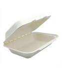 Offene Lunchbox aus Bagasse ungeteilt in schräger Perspektive ohne Inhalt