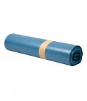 Originalverpackte Rolle blauer 120-Liter-Müllsäcke mit sichtbarem Produktetikett auf weißem Hintergrund.