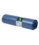 Originalverpackte Rolle blauer 140-Liter-Müllsäcke mit sichtbarem Produktetikett auf weißem Hintergrund.