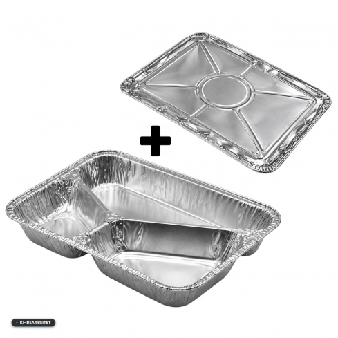 Rechteckige Alu-Menüschale R881-760G mit 760 ml Fassungsvermögen, drei getrennten Fächern für Hauptgericht und Beilagen sowie passendem Aluminiumdeckel auf weißem Hintergrund.