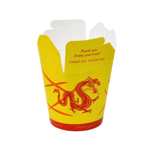 Vorderansicht der geöffneten Asia-Box 16oz aus Hartpapier mit dekorativem Asia-Motiv und 450 ml Fassungsvermögen.