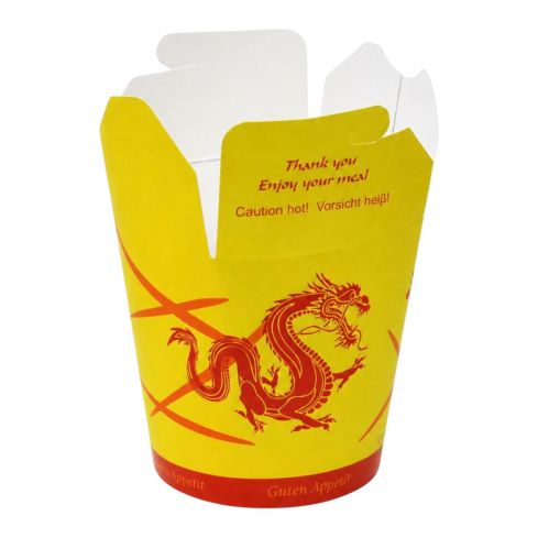 Vorderansicht der geöffneten Asia-Box 26oz aus Hartpapier mit dekorativem Asia-Motiv und 700 ml Fassungsvermögen.