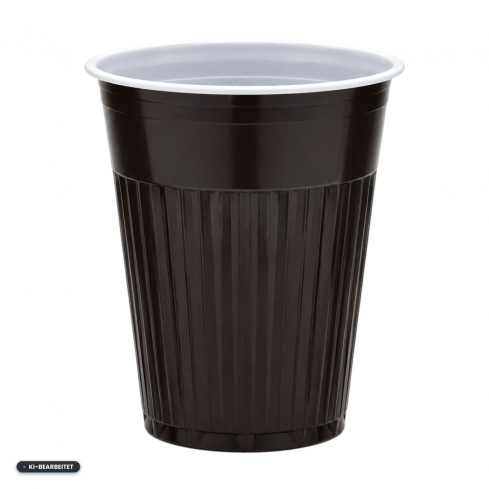 Brauner Automatenbecher mit 180 ml Fassungsvermögen aus Polystyrol, gerillter Oberfläche und weißem Innenrand auf weißem Hintergrund.