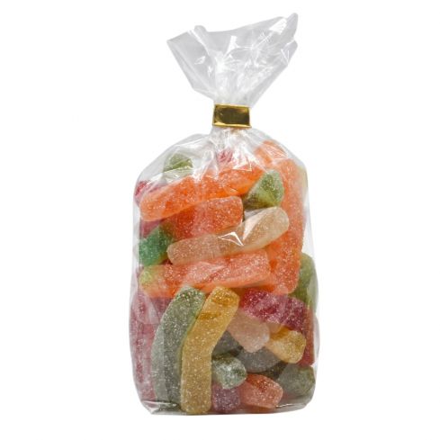 PP Bodenbeutel 100 x 200 mm 1000 Stück gefüllt mit buntem Fruchtgummi für Süßwarenverkauf und Geschenkideen.