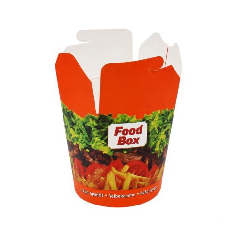 Geöffnete Döner Box 16oz aus Hartpapier mit hochwertigem Döner-Motiv und 450 ml Fassungsvermögen.