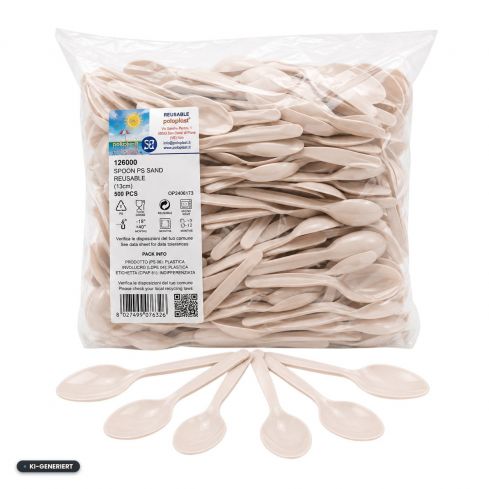 Eislöffel 13 cm in Sand im 500-Stück-Beutel – stabile Mehrweg-Löffel für Eis, Desserts und Gastronomie.