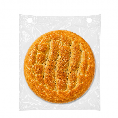 Transparenter Fladenbrotbeutel 38 × 42 + 2 cm mit rundem Fladenbrot auf weißem Hintergrund.