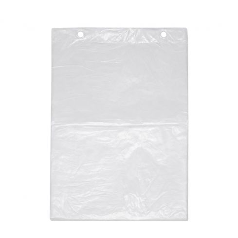 Transparenter HDPE-Flachbeutel 25 x 35 cm mit Blockrand und Aufhängelochung auf weißem Hintergrund.