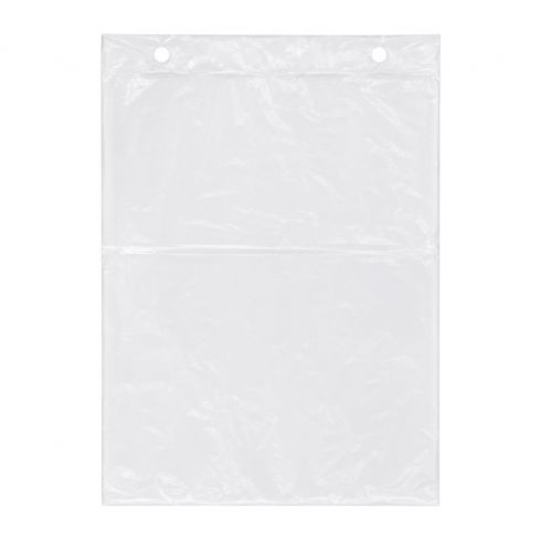 Transparenter HDPE-Flachbeutel 40 x 60 cm mit Blockrand und Aufhängelochung auf weißem Hintergrund.