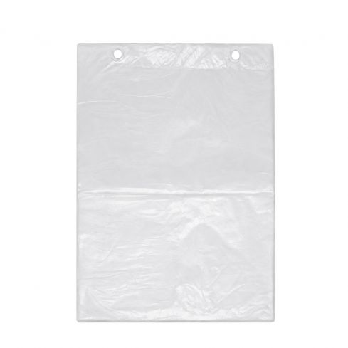Transparenter LDPE-Flachbeutel 20 x 30 cm mit Blockrand und Aufhängelochung auf weißem Hintergrund.