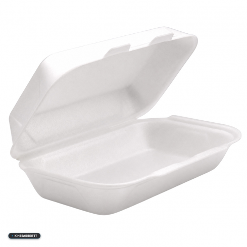 Geöffnete Lunch-Box IP10 aus weißem XPS, seitliche Ansicht der stabilen Menübox für warme Speisen.