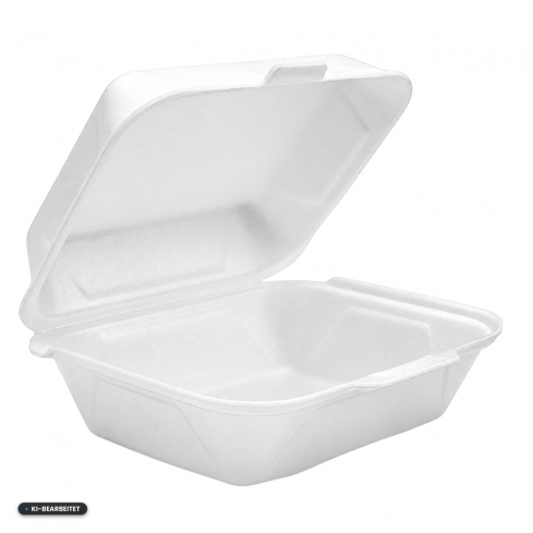 Geöffnete Lunch-Box IP9 aus weißem XPS, seitliche Ansicht der stabilen Menübox für warme Speisen.