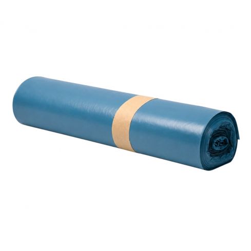 Originalverpackte Rolle blauer 120-Liter-Müllsäcke mit sichtbarem Produktetikett auf weißem Hintergrund.