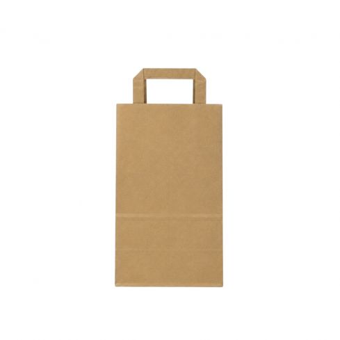 Braune Papiertragetasche 18 + 8 x 22 cm aus 70 g/m² Kraftpapier mit Flachhenkeln auf weißem Hintergrund.