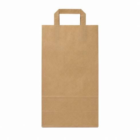 Braune Papiertragetasche 22 + 10 x 36 cm aus 70 g/m² Kraftpapier mit Flachhenkeln auf weißem Hintergrund.
