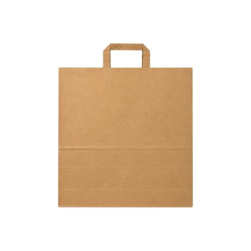 Braune Papiertragetasche 26 + 17 x 25 cm aus 70 g/m² Kraftpapier mit Flachhenkeln auf weißem Hintergrund.