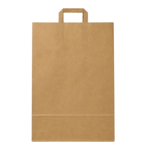 Braune Papiertragetasche 32 + 16 x 45 cm aus 70 g/m² Kraftpapier mit Flachhenkeln auf weißem Hintergrund.
