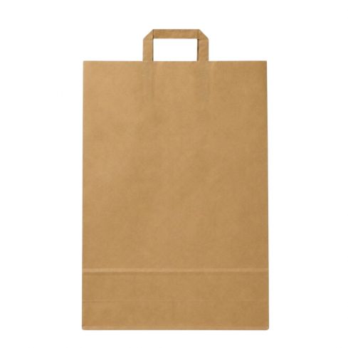 Braune Papiertragetasche 32 + 17 x 42 cm aus 70 g/m² Kraftpapier mit Flachhenkeln auf weißem Hintergrund.