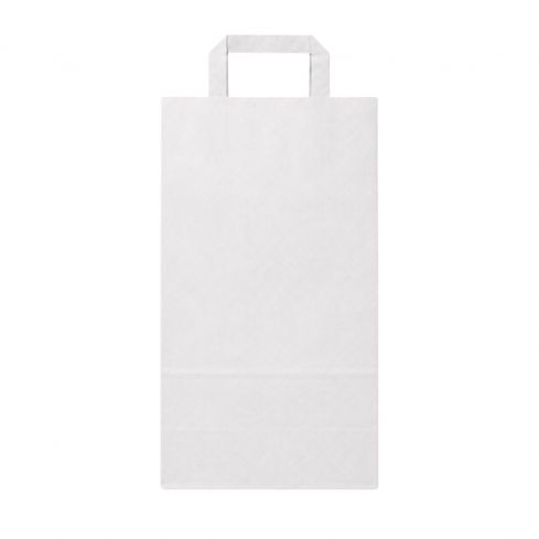 Weiße Papiertragetasche 22 + 10 x 36 cm aus Kraftpapier mit Flachhenkeln auf weißem Hintergrund.