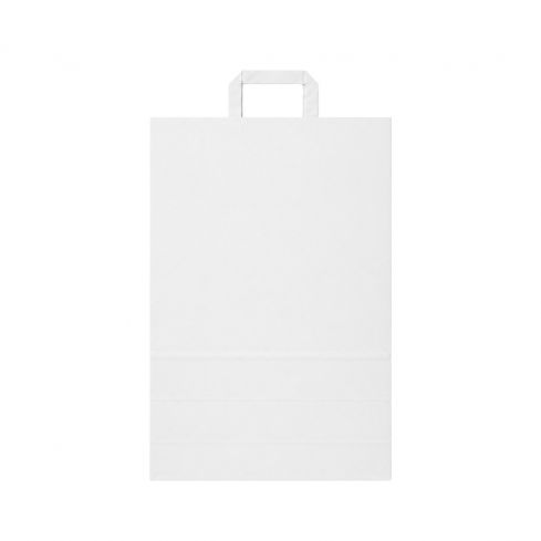 Weiße Papiertragetasche 26 + 12 x 35 cm aus Kraftpapier mit Flachhenkeln auf weißem Hintergrund.