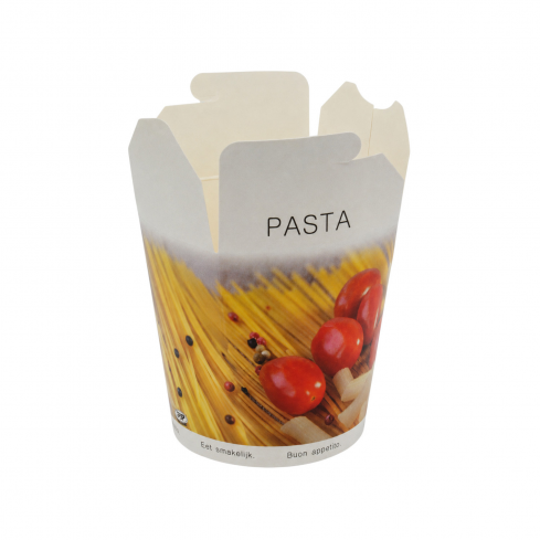 Geöffnete Pasta Box Klein aus Hartpapier mit lebensmittelechter PE-Beschichtung für Pasta, Wokgerichte und Fingerfood.