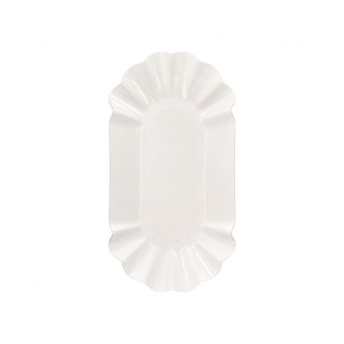 Leere Pommesschalen 9 × 16 × 3 cm 2000 Stk. aus weißem PE-beschichtetem Karton in Vorderansicht – stabile Imbissschalen für Pommes, Currywurst und Snacks.