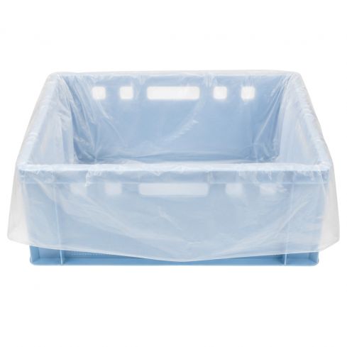 Transparenter HDPE-Seitenfaltensack als Einlegesack in einer leeren E2-Kunststoffkiste.