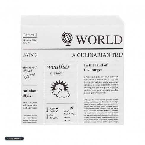 Leere Snacktasche weiß mit Zeitungsmotiv aus Pergamentersatz-Papier, freigestellte Produktansicht.