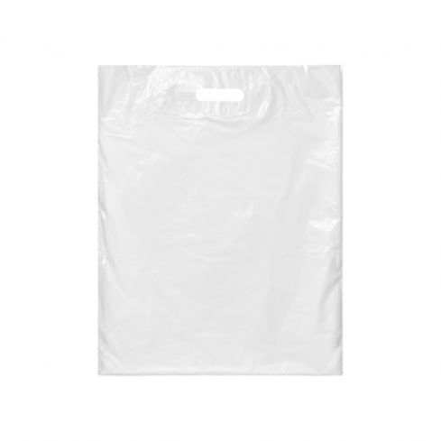 Freigestellte weiße DKT Tragetasche aus MDPE im Format 45 x 55 + 5 cm mit Griffloch – extra starke und reißfeste Einkaufstasche für Handel und Gewerbe.