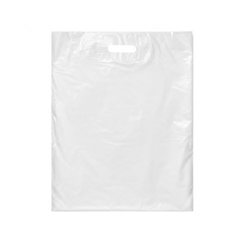 Freigestellte weiße DKT Tragetasche aus MDPE im Format 50 x 60 + 5 cm mit Griffloch – extra stark und reißfest für Handel, Märkte und Gewerbe.